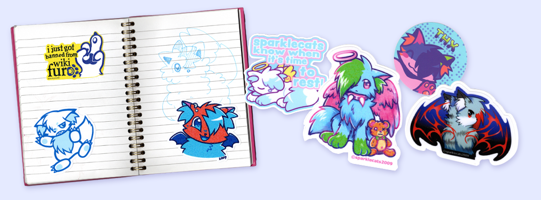 An assortment of stickers from the sparklecats2009 mailing club depicting various kittens